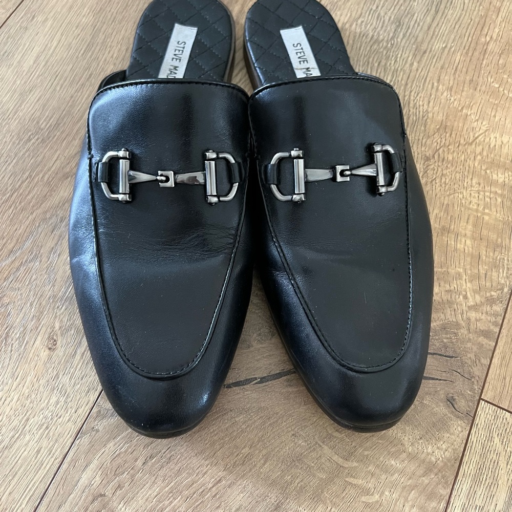 Steve Madden Black Leather Mules with Silver Hardware